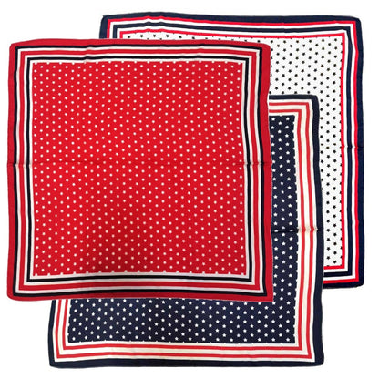 Three square scarves with red, white, and blue patterns on a white background