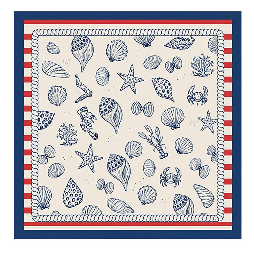 Nautical-themed fabric square scarf with shell and starfish patterns on a white background