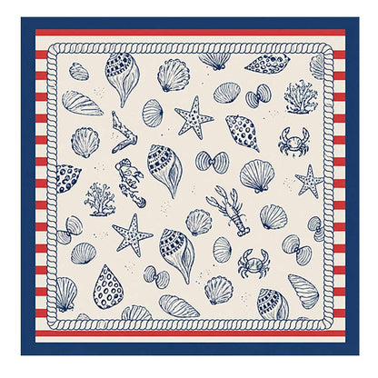 Nautical-themed fabric square scarf with shell and starfish patterns on a white background
