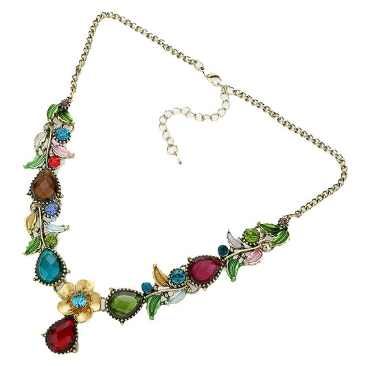 Flower and Leaf Gemstone Teardrop Stone Bib Necklace