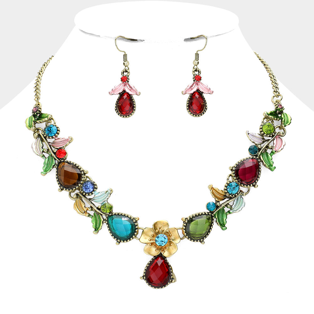 Flower and Leaf Gemstone Teardrop Stone Bib Necklace