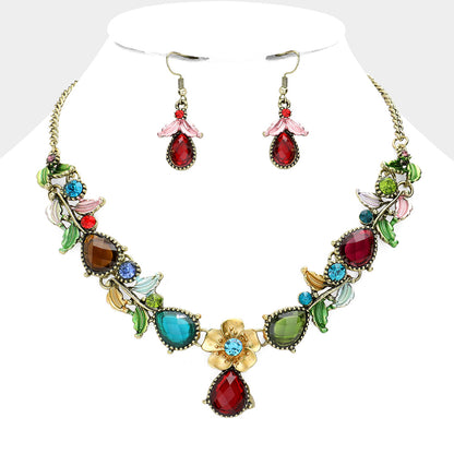 Flower and Leaf Gemstone Teardrop Stone Bib Necklace