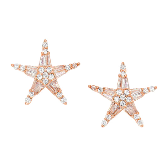 Star-shaped earrings with rose gold and clear gemstones on a light gray background
