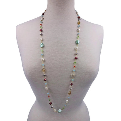 Long rosary-style necklace featuring cultured pearls and colorful crystals.