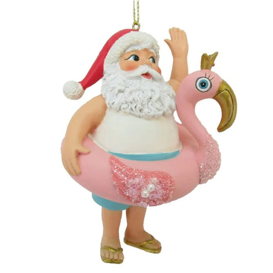 Santa in a Flamingo Float Christmas Tree Ornament
