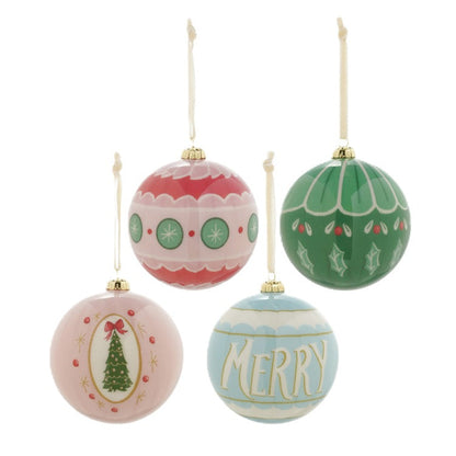 Four decoupaged Christmas ornaments shaped like hanging glass balls, featuring festive patterns and colors including pink, green, and light blue, with one ornament displaying the word 'MERRY' in cheerful lettering.