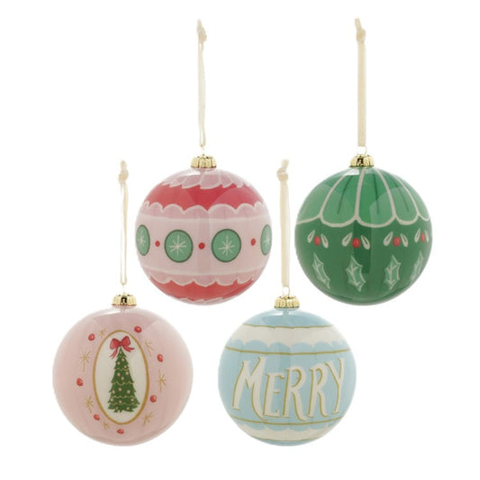 Four decoupaged Christmas ornaments shaped like hanging glass balls, featuring festive patterns and colors including pink, green, and light blue, with one ornament displaying the word 'MERRY' in cheerful lettering.