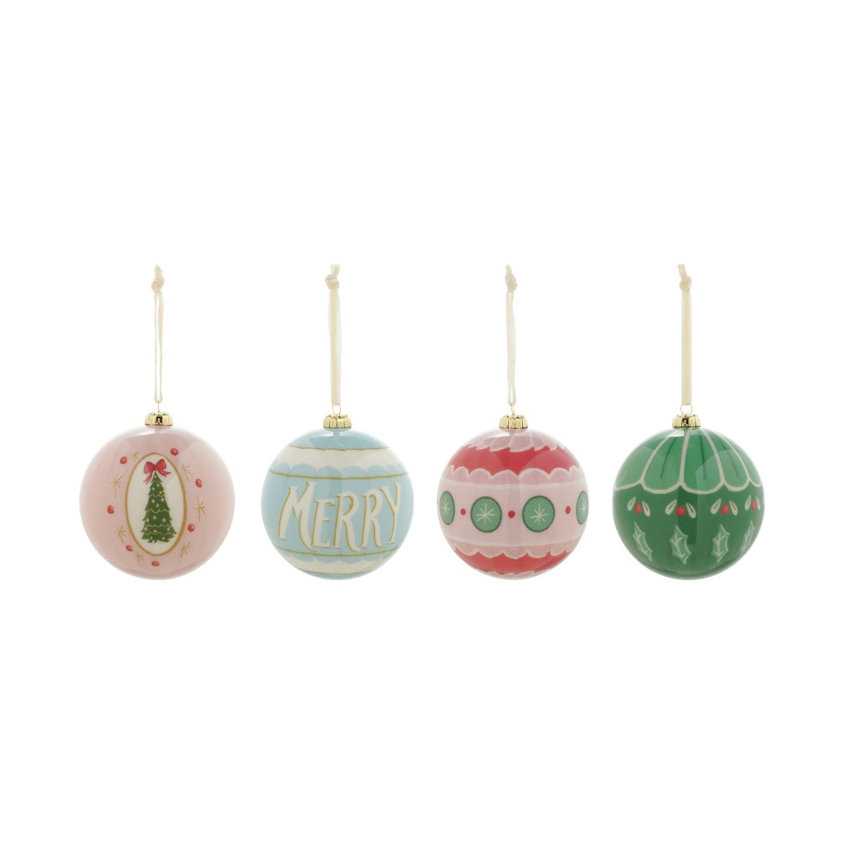 Four colorful Christmas ornaments with decorative designs on a white background