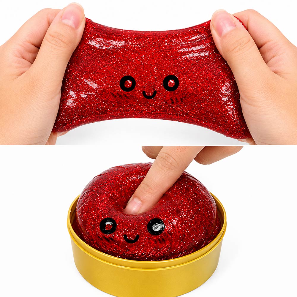 Red glittery slime with a face being held and in a gold container.