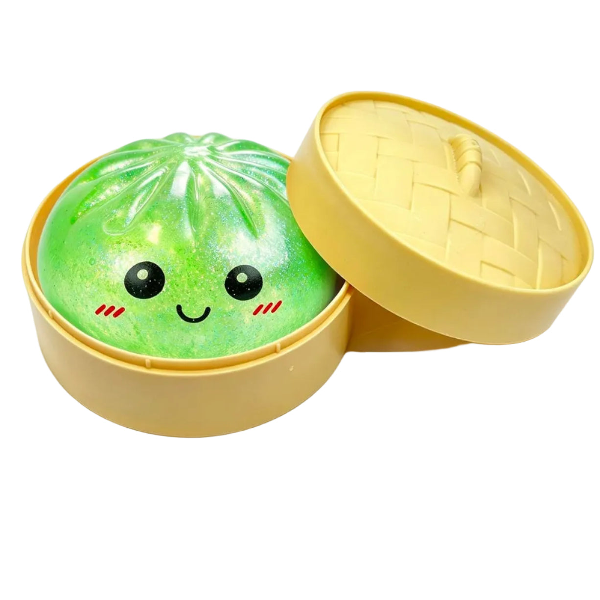Green character-shaped dumpling squishy toy in a yellow container on a white background