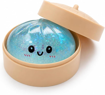 Blue glittery squishy dumpling ball with a smiley face in a beige container on a white background