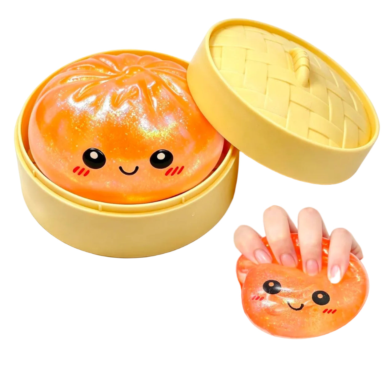 Cute orange squishy dumpling in a yellow container with a hand holding one of the toys.