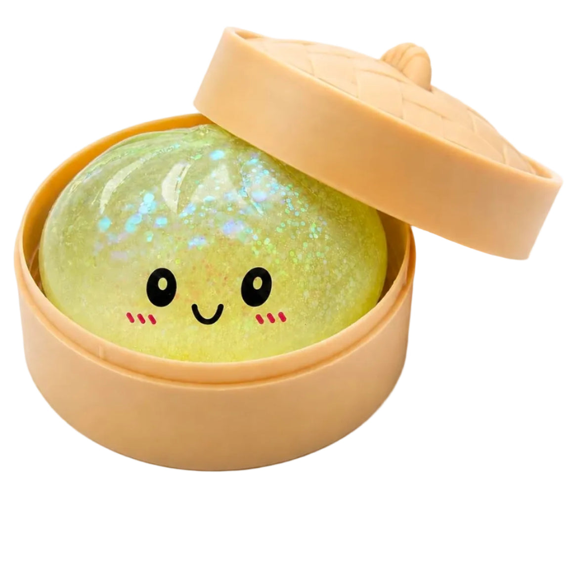 Yellow Squishy Dumpling with a smiley face in a beige container on a white background