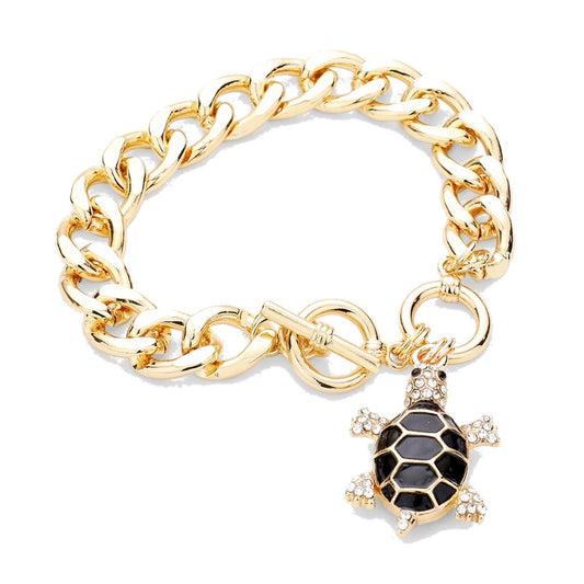 Enamel Turtle Charm Toggle Bracelet (Gold)