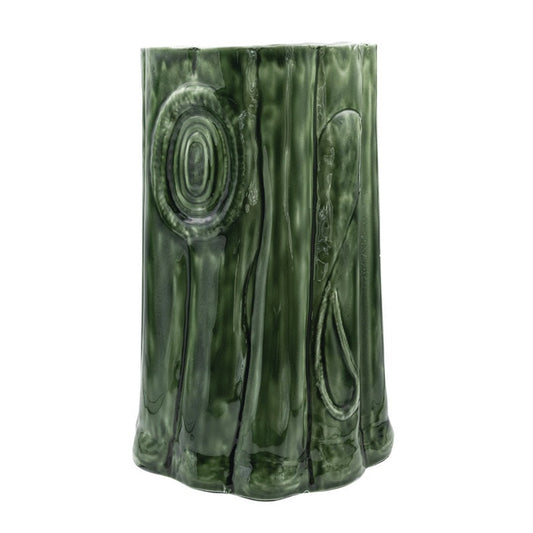 Green enameled metal log-shaped table and stool with sculpted bark, knot, and wood-grain details.