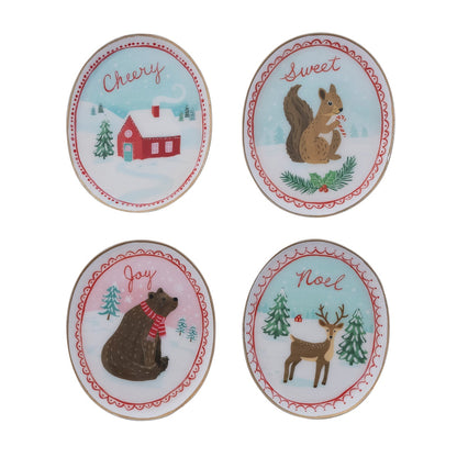 Set of four oval holiday dishes featuring Cheery house, Sweet squirrel, Joy bear, and Noel deer designs.