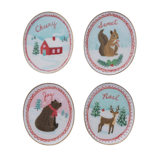 Set of four oval holiday dishes featuring Cheery house, Sweet squirrel, Joy bear, and Noel deer designs.