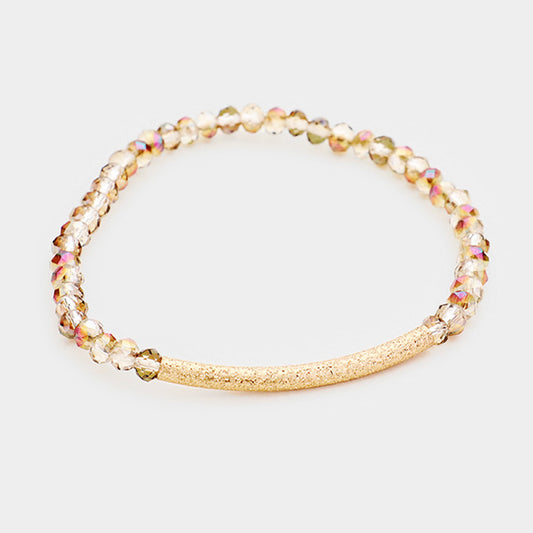 Faceted Bead Textured Metal Accented Stretch Bracelet (Brown)