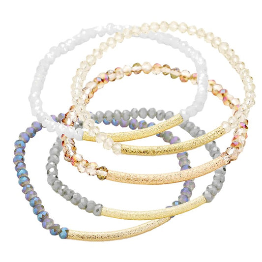 Faceted Bead Textured Metal Accented Stretch Bracelet (Assorted Colors)