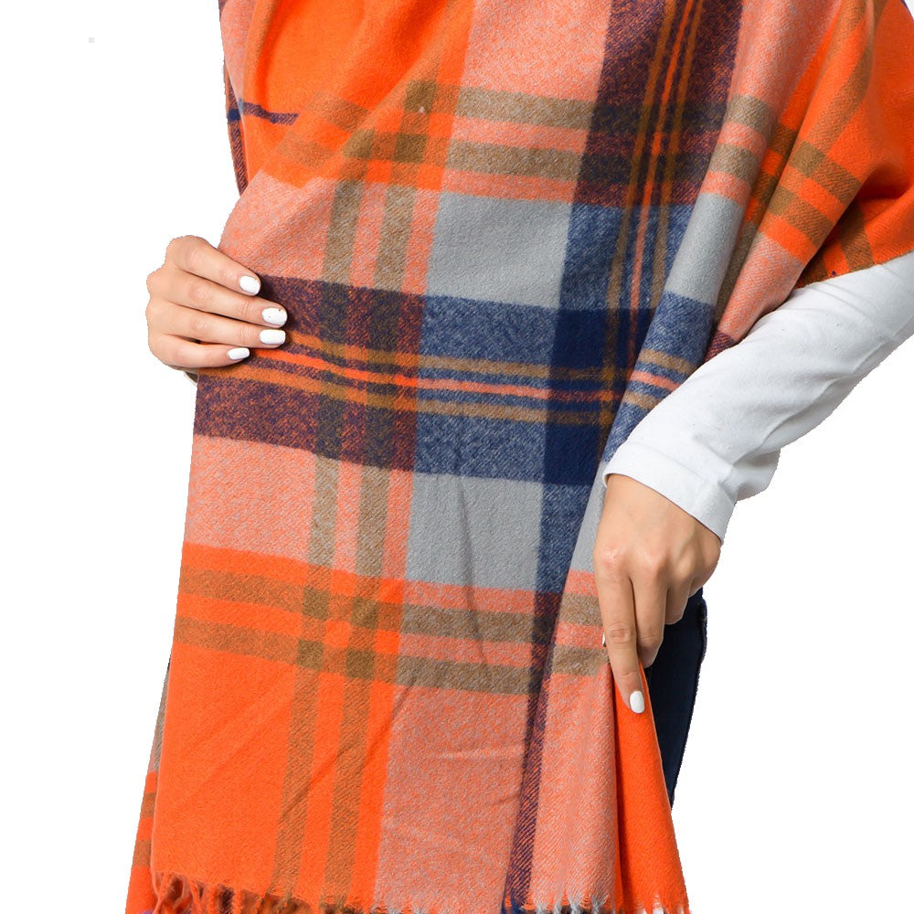 Pom Pom Tassel Tartan Plaid Scarf (Orange, Blue)