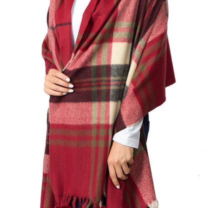 Faux Fur Pom Pom Tassel Plaid Scarf (Red)