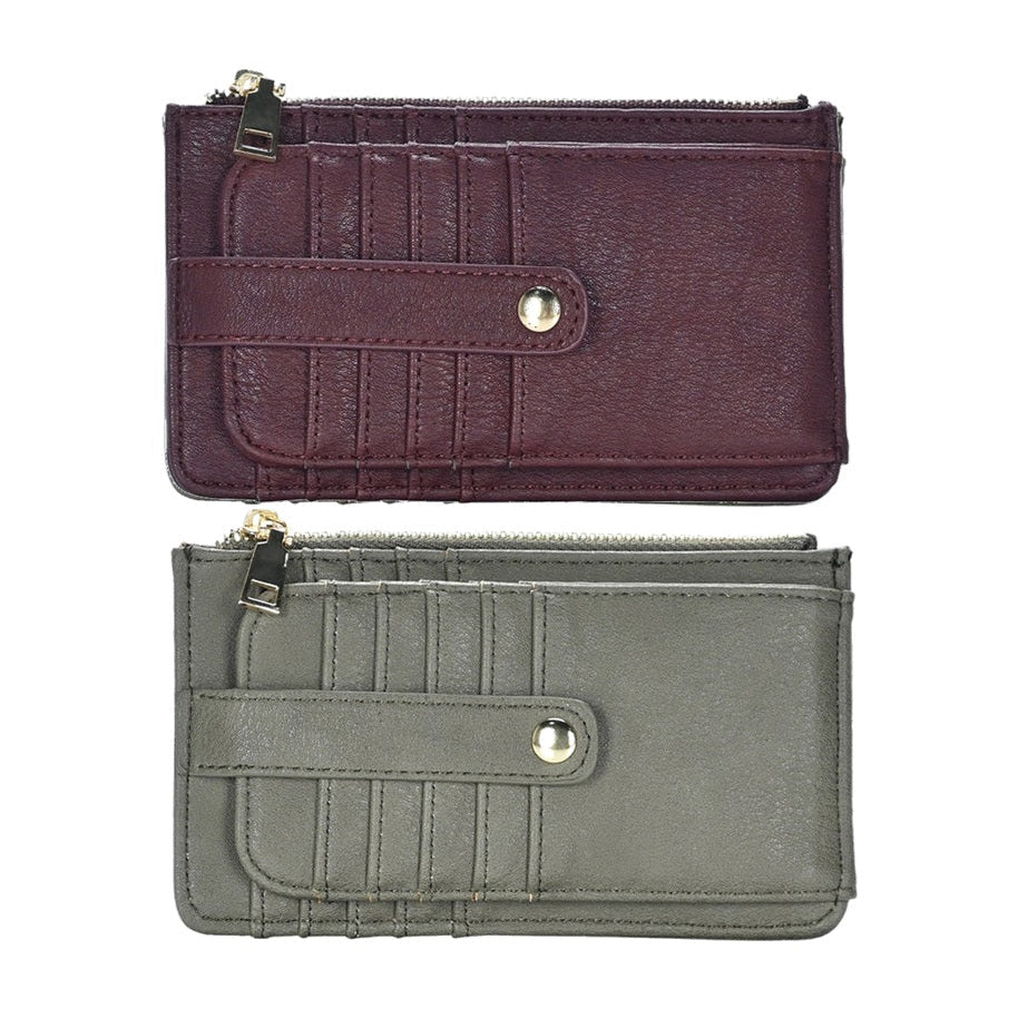 Two wallets, one purple and one olive green, on a white background
