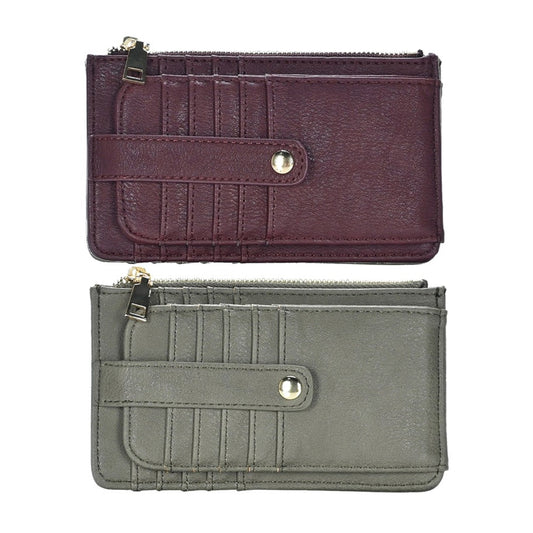 Two wallets, one purple and one olive green, on a white background