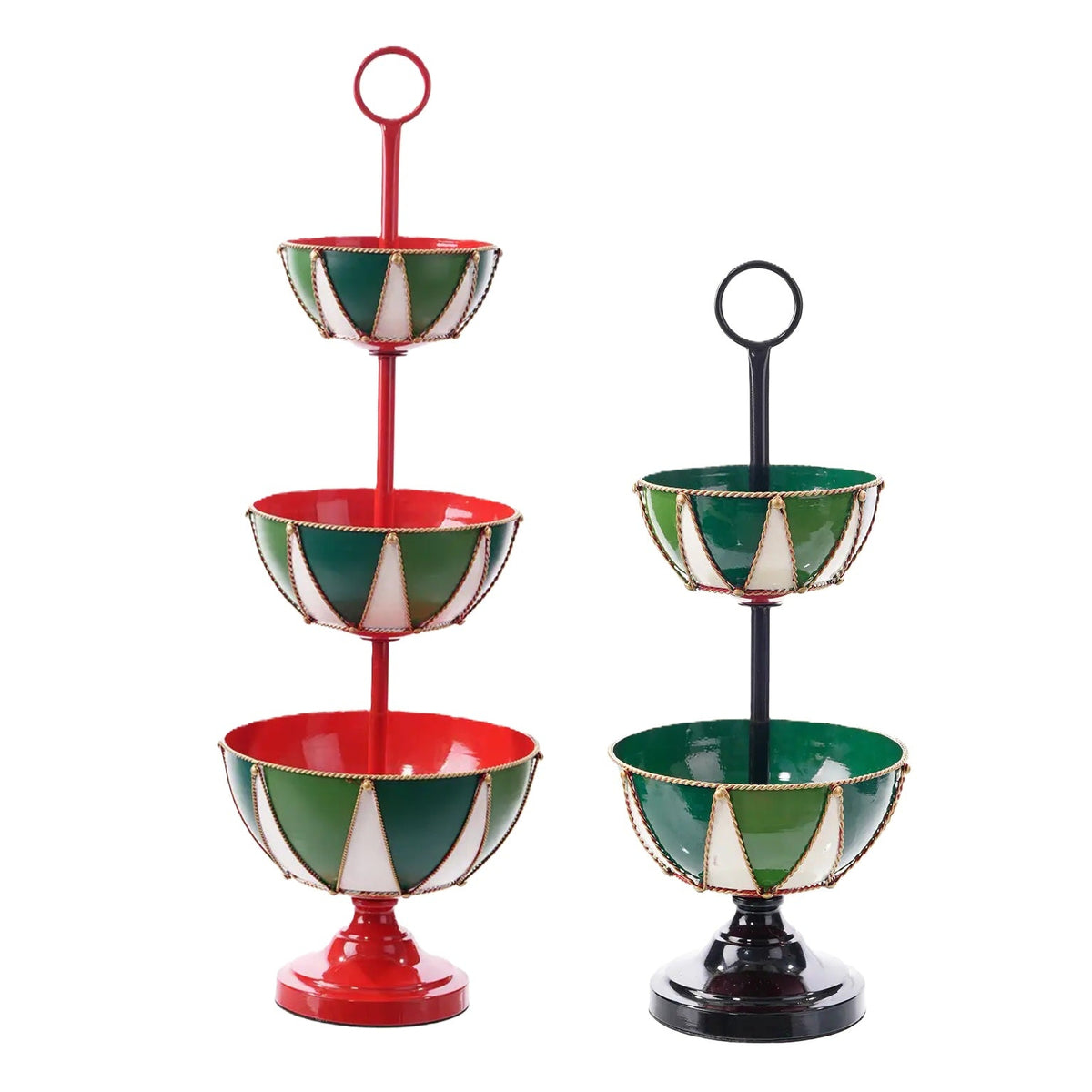 Add festive charm with tiered metal Christmas serving bowls in red, green, white and gold. Perfect for holiday treats, candy and seasonal displays.