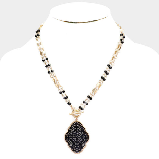 Filigree Metal Trim Multi Bead Toggle Necklace