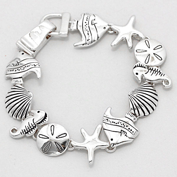 Metal Fish, Starfish & Sand Dollar Link Magnetic Bracelet