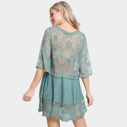 Lace Flower Patterned V-Neck Shirt, Blouse, Cover Up Dress (Soft Blue)