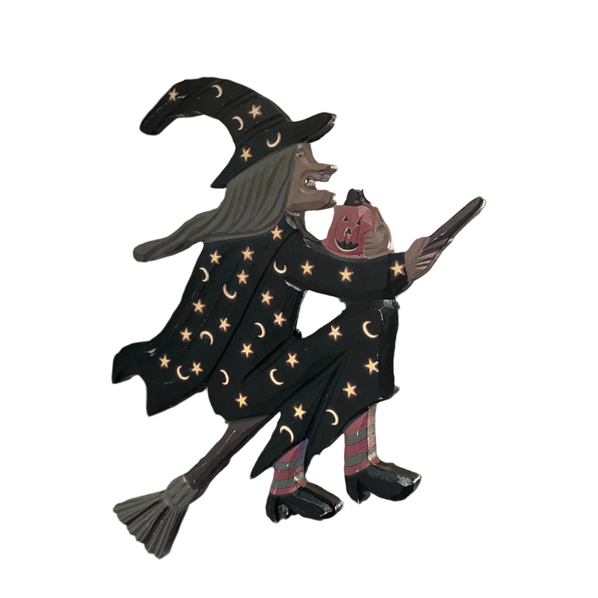 Whimsical flying witch on broomstick hanging arrow sign with stars, moons and jack-o’-lantern. A charming vintage-inspired Halloween decoration.