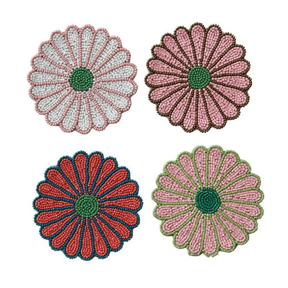 Glass Beaded Flower Shaped Coasters (Set of 4)