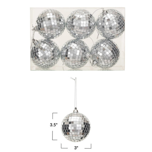 Retro Silver Glass Disco Ball Christmas Tree Ornament (Set of 6)