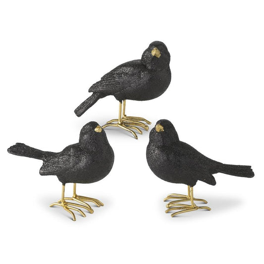 Glittered Black Crow Birds with Gold Feet