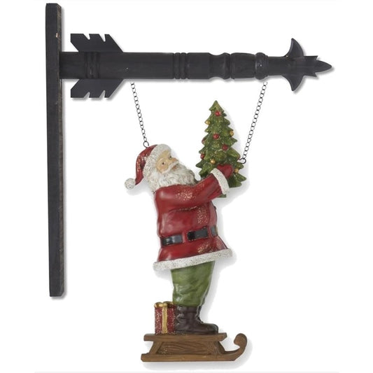Santa Holding a Christmas Tree on Sled Hanging Arrow Replacement Sign