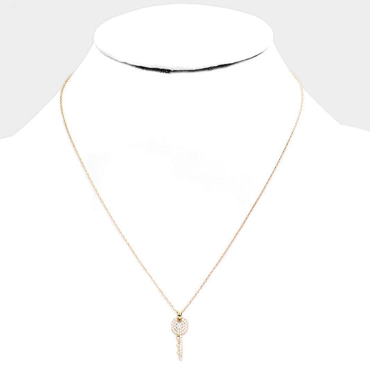 Gold Dipped Cubic Zirconia Pave Key Pendant Necklace