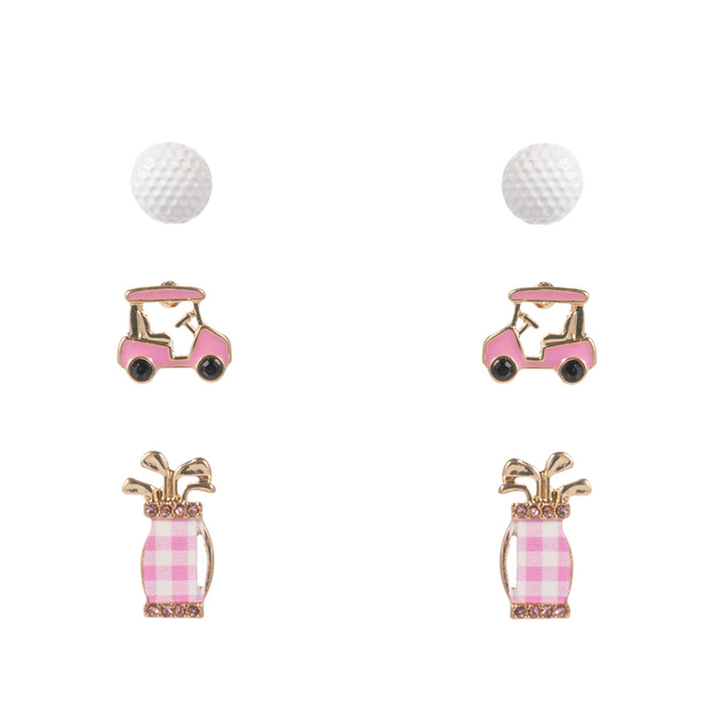 Set of three earrings with pink golf cart, bag, and golf ball designs on a white background.