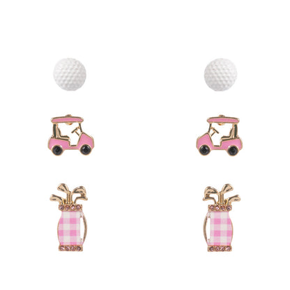 Set of three earrings with pink golf cart, bag, and golf ball designs on a white background.