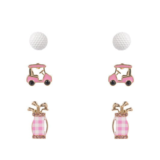 Set of three earrings with pink golf cart, bag, and golf ball designs on a white background.