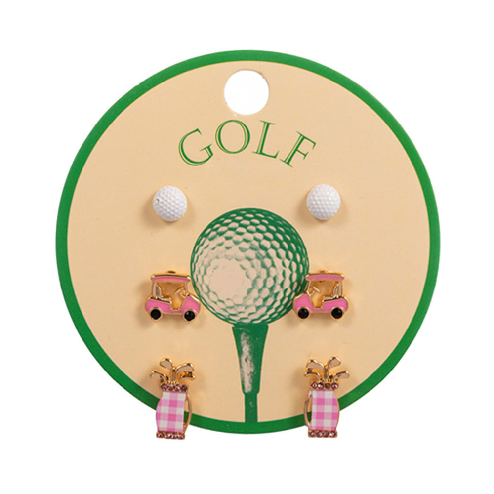 Set of golf-themed earrings on a 'GOLF' labeled card with a green border.