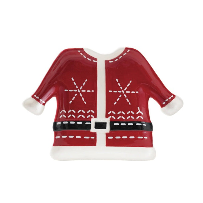 Hand-painted red and white ceramic plate shaped like Santa’s coat with snowflake details and a black belt.