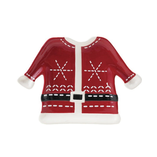 Hand-painted red and white ceramic plate shaped like Santa’s coat with snowflake details and a black belt.