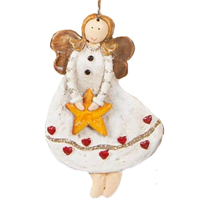 A handcrafted clay Christmas tree ornament featuring an angel holding a star, with white, brown, and red colors.