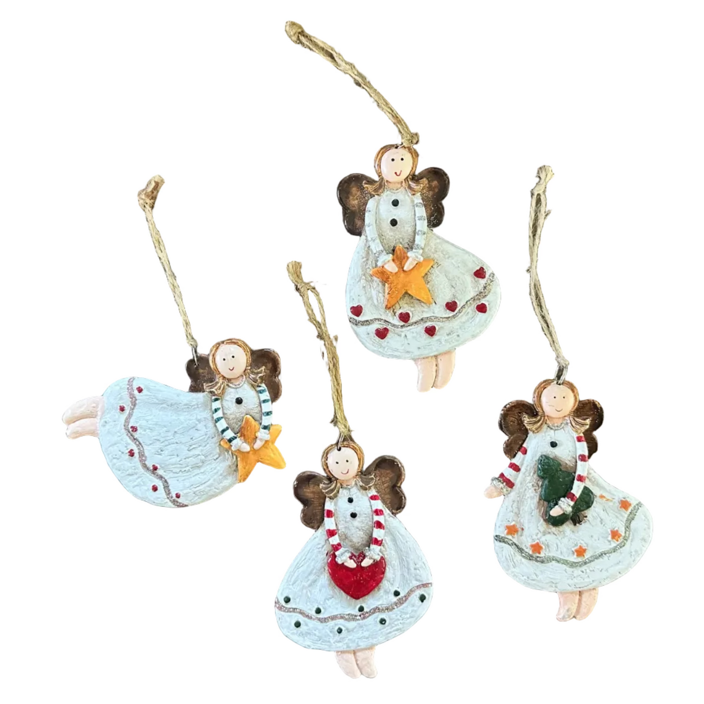 Four rustic angel Christmas ornaments with brown wings and hanging twine, shown on a plain white background. The angels wear light blue dresses decorated with red, green, and orange accents.