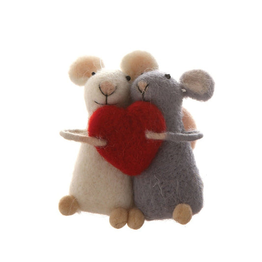 Handmade wool felt ornament featuring two cuddling mice holding a red heart, perfect for Christmas, Valentine's Day, weddings, and anniversary décor.