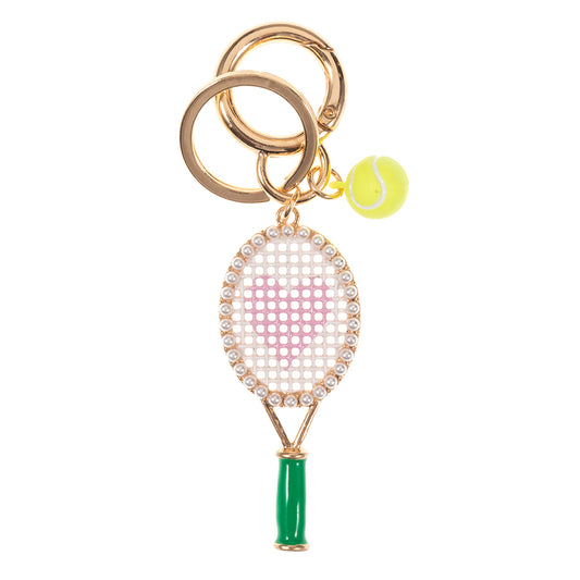 Tennis racket keychain with a tennis ball charm on a white background