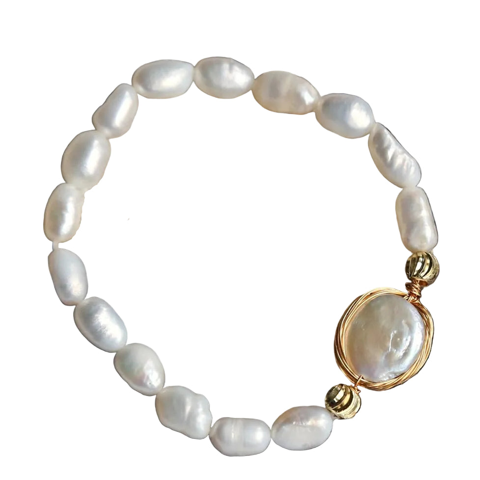 Gold Wire Wrapped Coin Pearl Pendant Bracelet