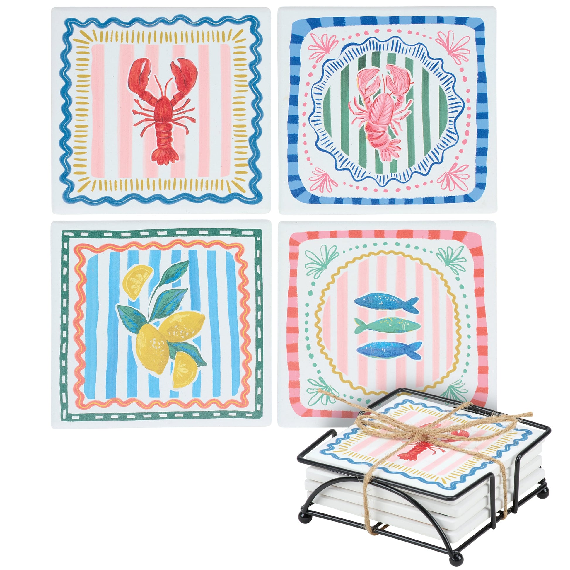Set of colorful coasters with lobster, lemon, and fish designs on a white background.