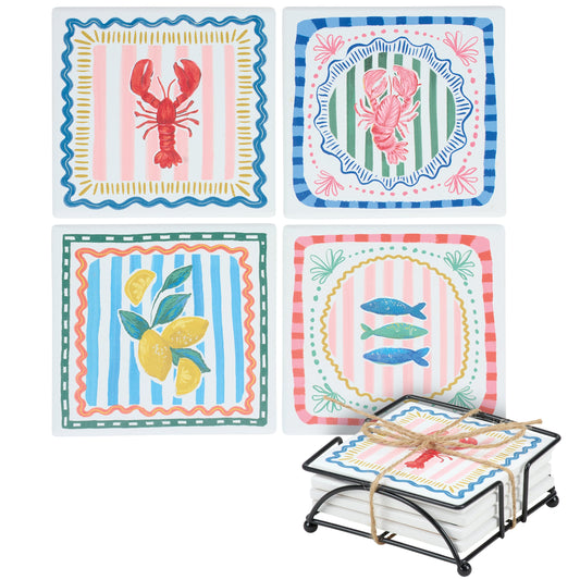 Set of colorful coasters with lobster, lemon, and fish designs on a white background.